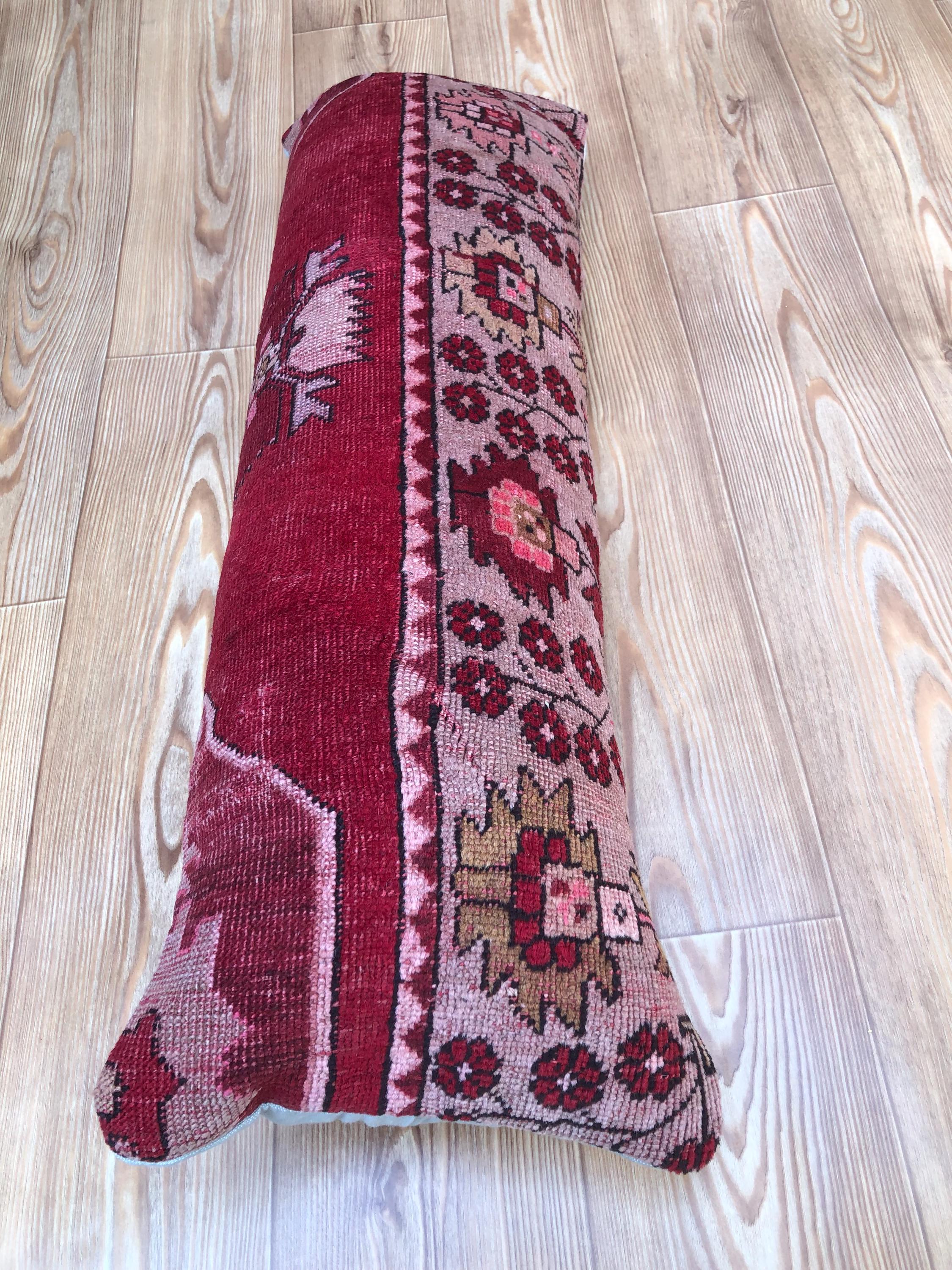 Vintage Red Turkish Rug Lumbar Pillow Cover: Floral Tribal Wool Cushion (12x35)