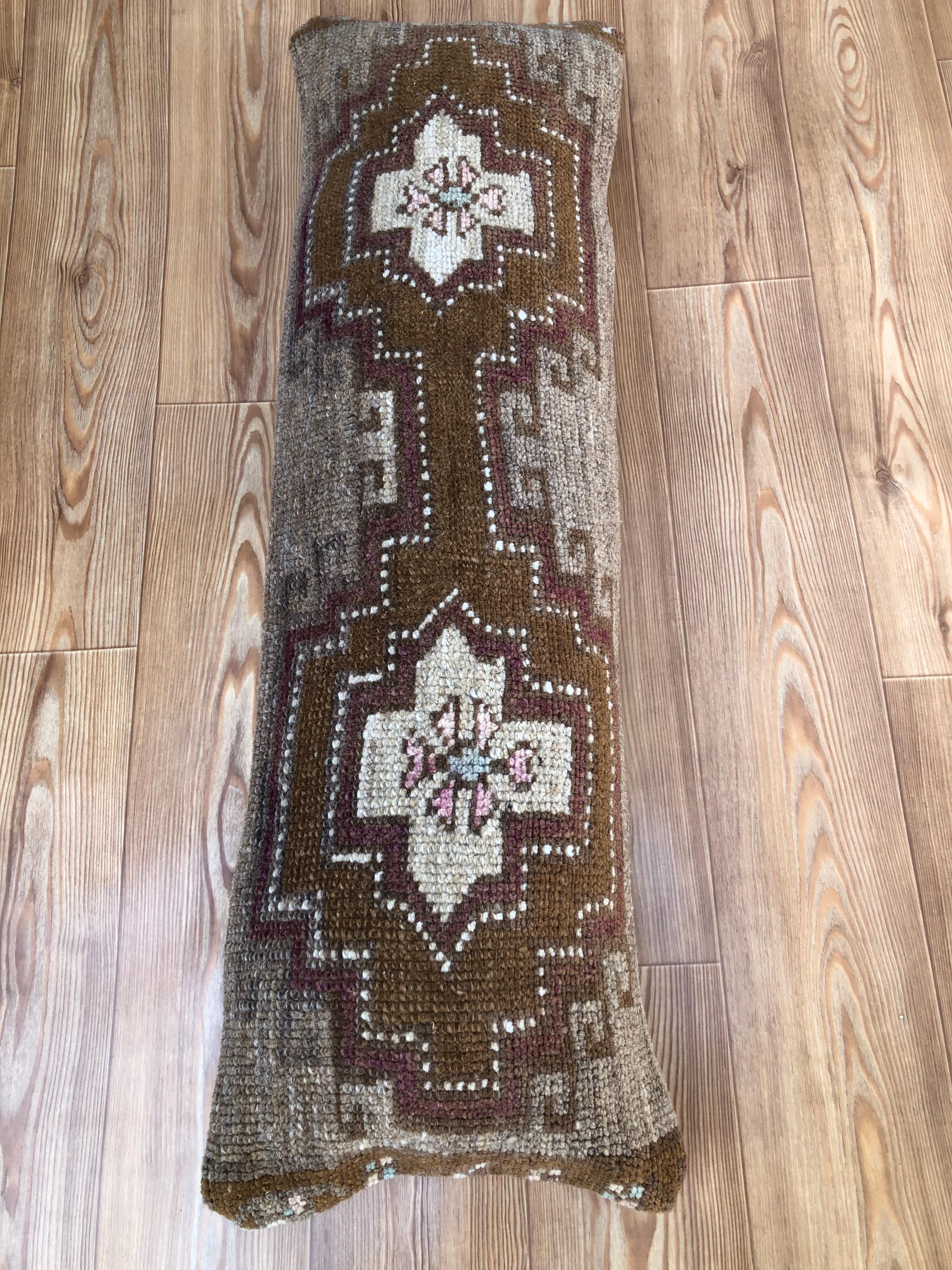 Vintage Turkish Kilim Pillow Cover: Brown Beige Wool Lumbar Cushion (10x41)