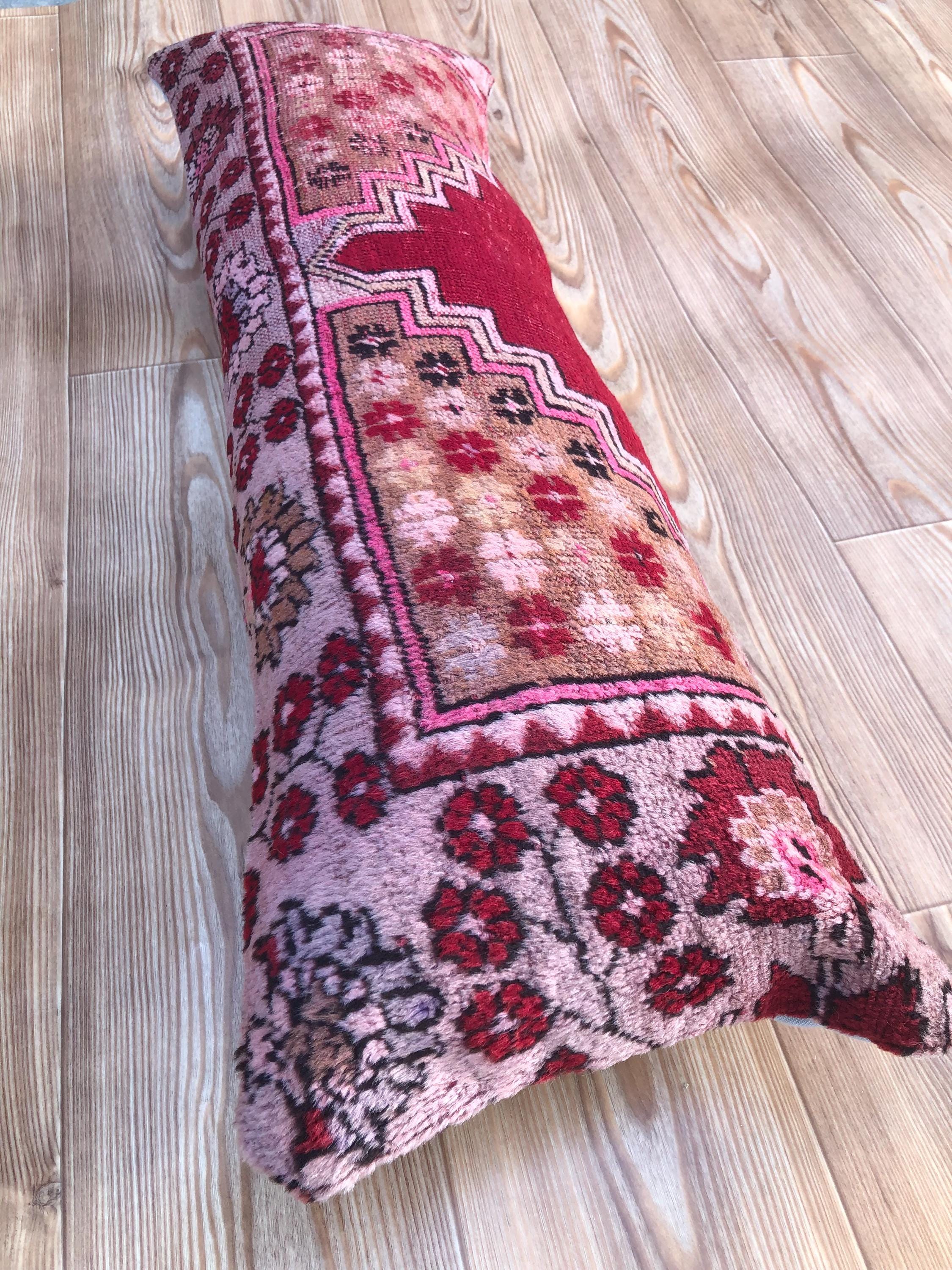 Vintage Turkish Rug Bolster Pillow: Handwoven Wool Floral Lumbar Cushion (12x35)