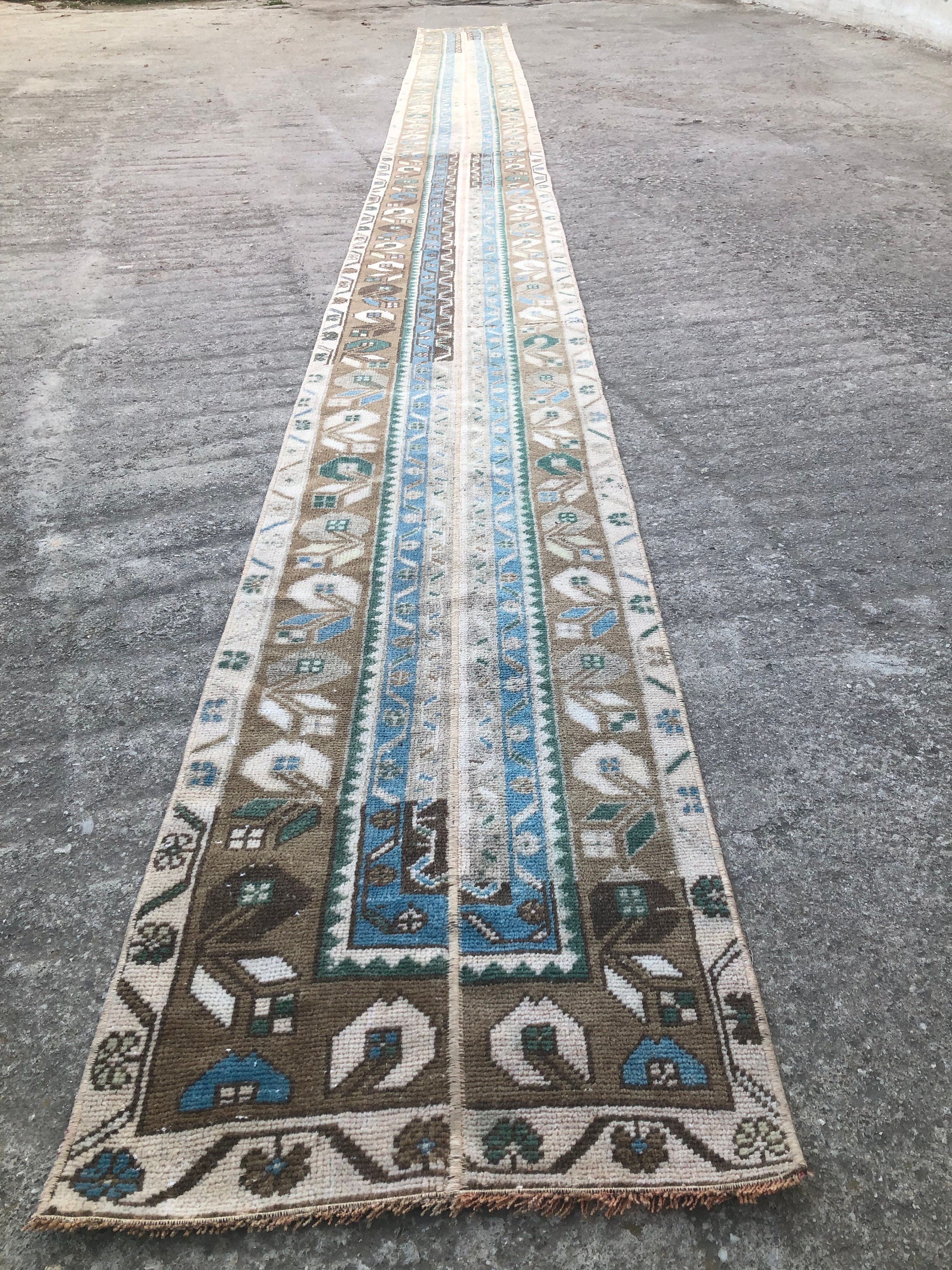 Extra Long Oushak Patchwork Runner Rug: Vintage Turkish Hallway Rug (1’10x23’8)