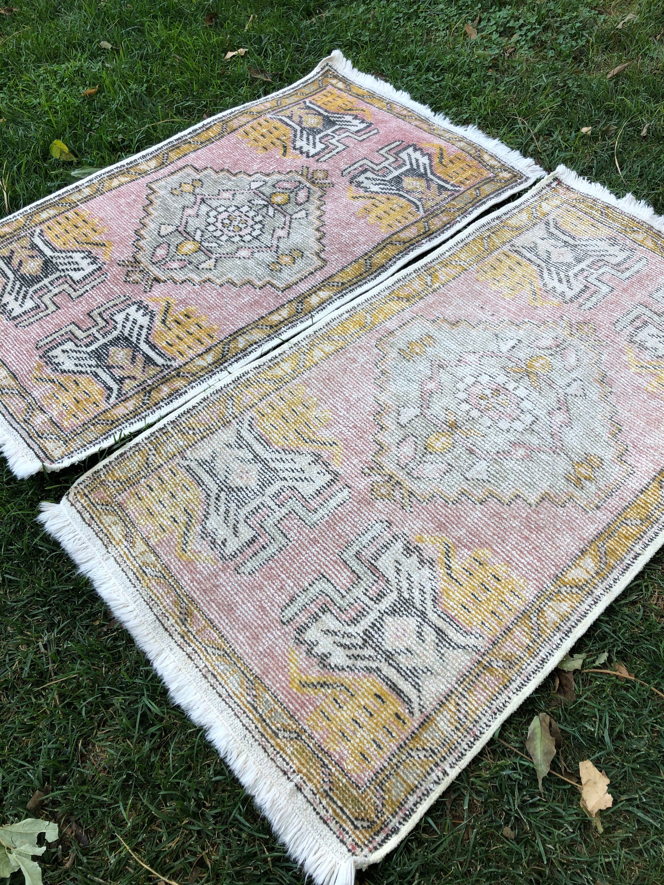 Set of 2 Vintage Turkish Rugs: Small Oushak Wool Mats
