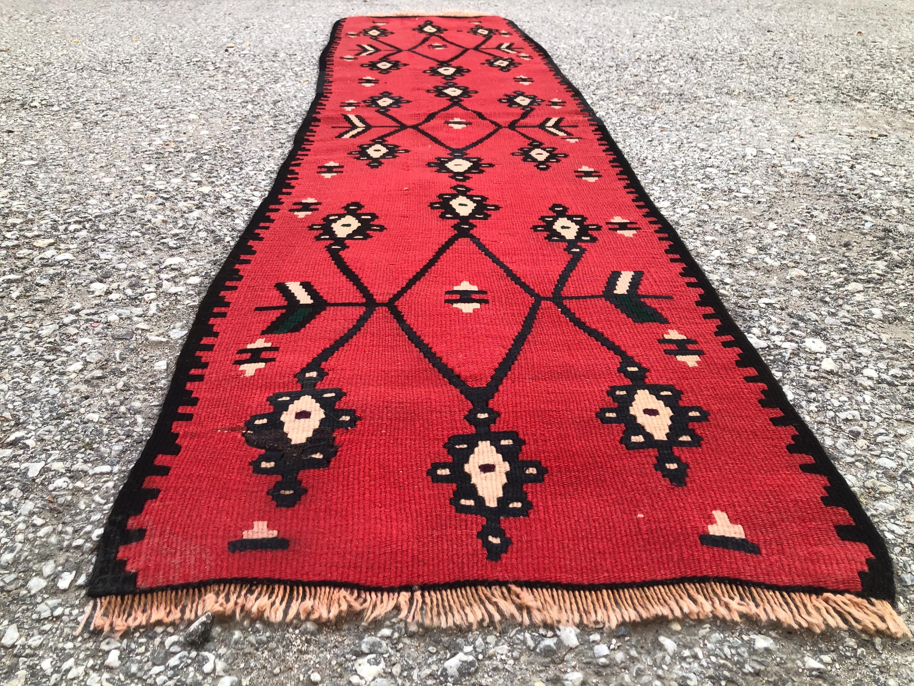 Vintage Turkish Kilim Runner Rug: Bohemian Hallway Decor