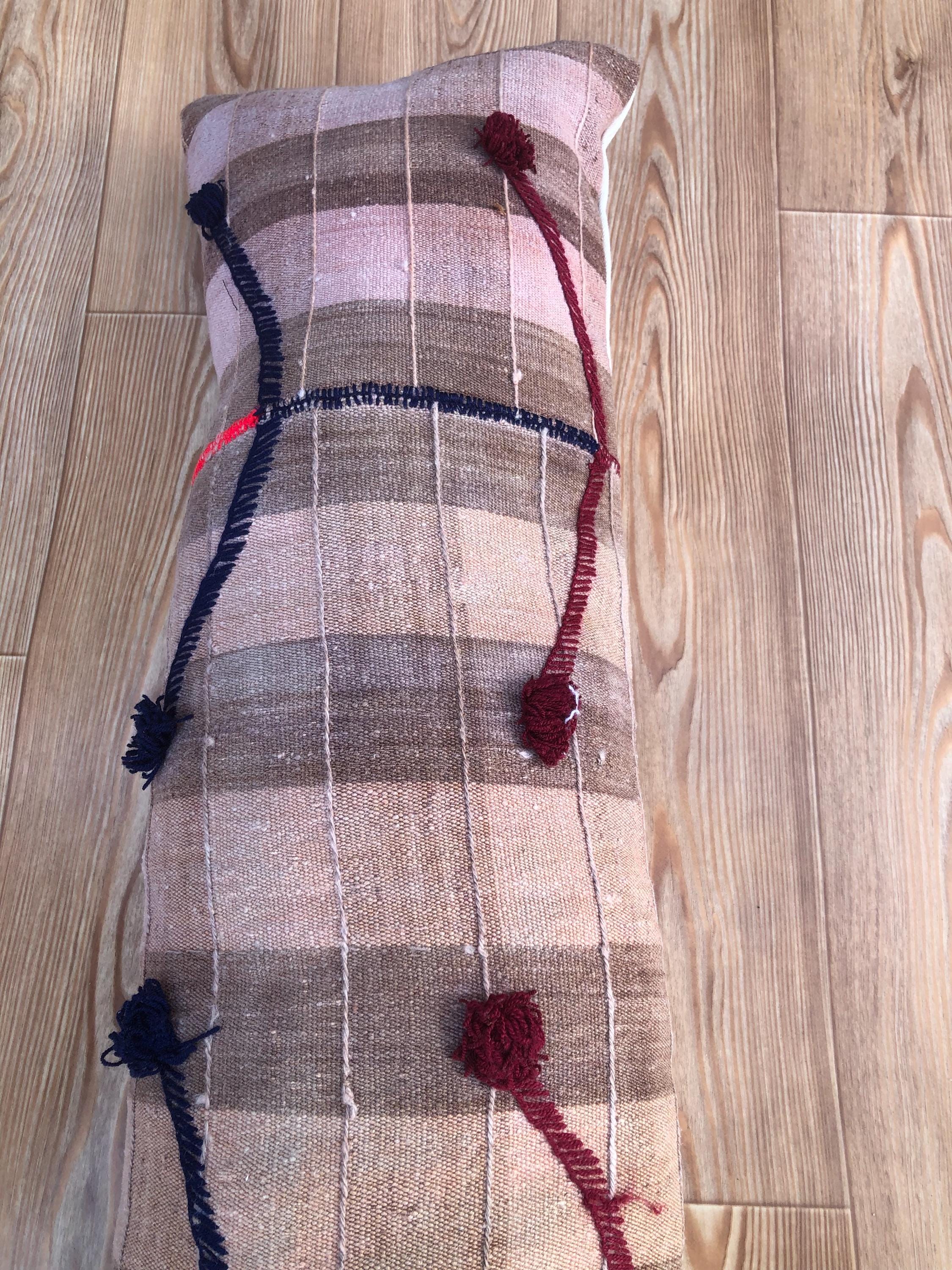 Striped Kilim Lumbar Pillow Cover: Vintage Turkish Rug, Brown Beige Red Navy (12x42)