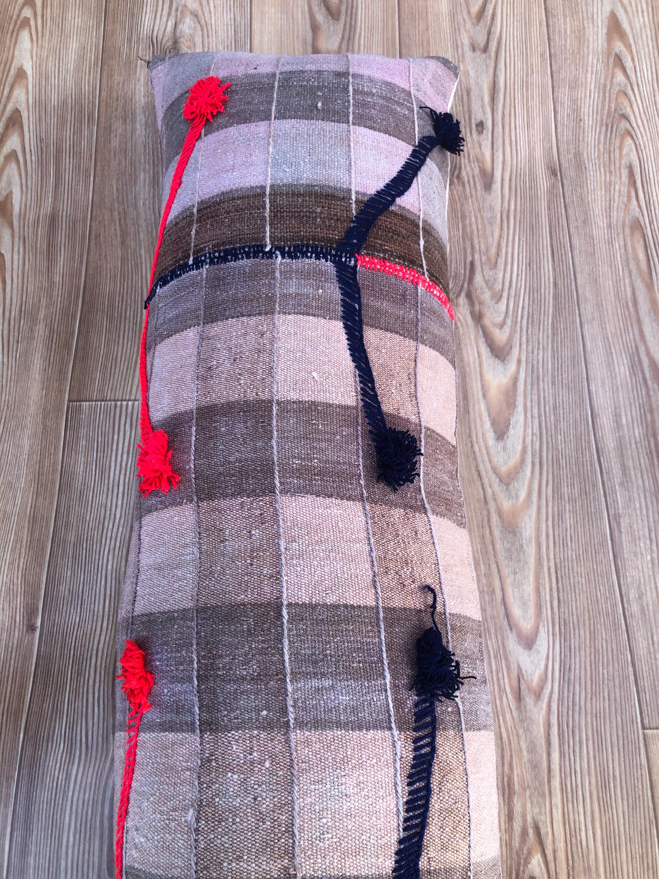 Turkish Kilim Lumbar Pillow Cover 12x42: Handwoven Brown Striped Cushion